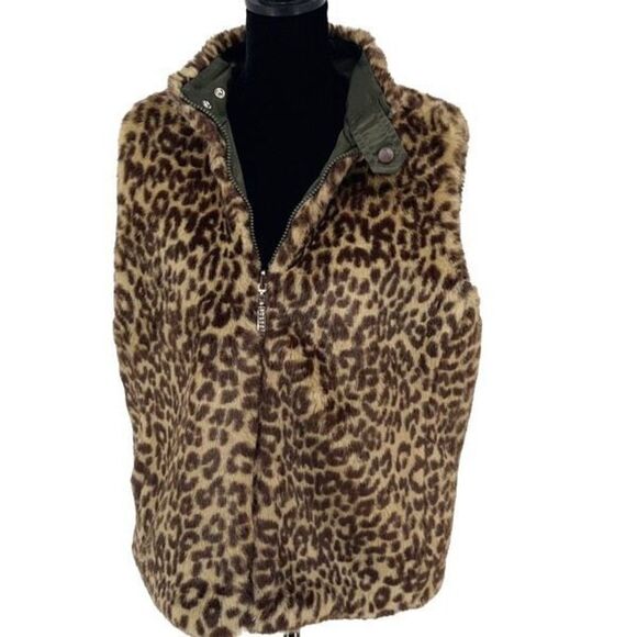 Guess Womens Faux Fur Vest Animal Print Reversible Full Zip Tan Green Medium - Picture 3 of 11